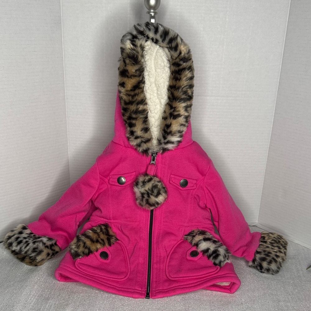 kC Collection Coat for girls Pink with leopard print on trim zipper hood 12 mon